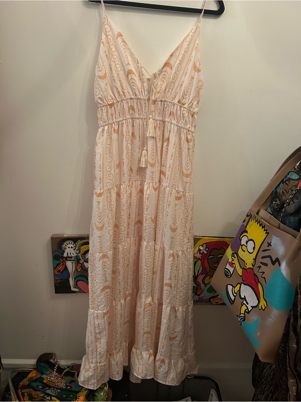Never worn-Peach Printed moon print Sleeveless Maxi Dress with Tassel Tie